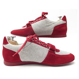 Louis Vuitton-CHAUSSURES LOUIS VUITTON BASKETS LOGO LV 7.5 42.5 FR EN DAIM ROUGE & TOILE-Rouge