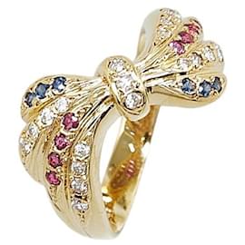 & Other Stories-K18YG Yellow Gold Diamond Ruby Sapphire Ribbon Motif Ring in Excellent Condition-Golden