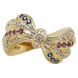 & Other Stories-K18YG Yellow Gold Diamond Ruby Sapphire Ribbon Motif Ring in Excellent Condition-Golden