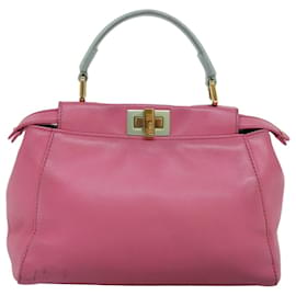 Fendi-FENDI Mini Peek A Boo Hand Bag Leather 2way Pink Auth 75805-Pink