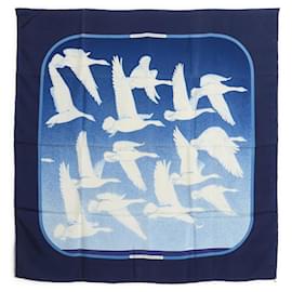 Hermès-Hermès 1980 Navy Silk Scarf 90cm Square Migratory Birds-Blue