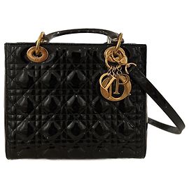 Dior Lady Dior Medium Patent Leather Handbag Black Black