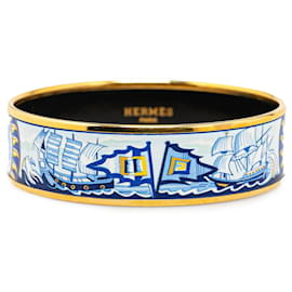 Hermès-Blue Hermès Wide Econdition Ship and Ocean Enamel Bangle GM Costume Bracelet-Blue