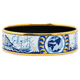 Hermès-Blue Hermès Wide Econdition Ship and Ocean Enamel Bangle GM Costume Bracelet-Blue