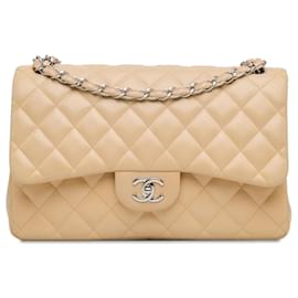 Chanel-Beige Chanel Jumbo Classic Lambskin lined Flap Shoulder Bag-Beige