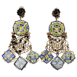 Dolce & Gabbana-Gold-Tone & Multicolor Dolce & Gabbana Majolica Ceramic Clip-On Earrings-Golden