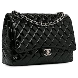 Chanel-Black Chanel Maxi Classic Patent lined Flap Shoulder Bag-Black