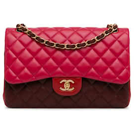 Chanel-Red Chanel Jumbo Classic Tricolor Lambskin lined Flap Shoulder Bag-Red
