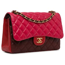 Chanel-Red Chanel Jumbo Classic Tricolor Lambskin lined Flap Shoulder Bag-Red