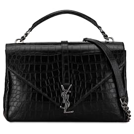 Saint Laurent-Black Saint Laurent Large Croc Embossed Leather College Satchel-Black