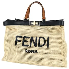 Fendi-Beige Fendi Medium Raffia Peekaboo X-Tote Satchel-Beige