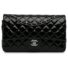 Chanel-Black Chanel Medium Classic Patent lined Flap Shoulder Bag-Black