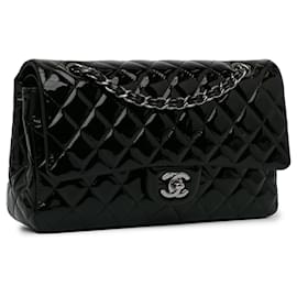 Chanel-Black Chanel Medium Classic Patent lined Flap Shoulder Bag-Black
