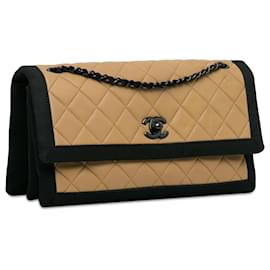 Chanel-Tan Chanel Medium Quilted Lambskin Grosgrain Two Tone Flap Shoulder Bag-Camel