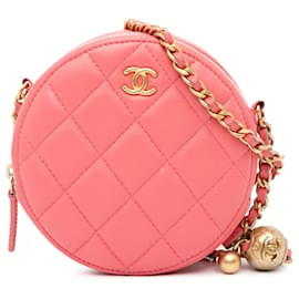 Chanel-Pink Chanel CC Quilted Lambskin Pearl Crush Round Clutch with Chain Crossbody Bag-Pink