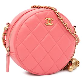 Chanel-Pink Chanel CC Quilted Lambskin Pearl Crush Round Clutch with Chain Crossbody Bag-Pink