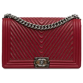 Chanel-Red Chanel Large Embellished calf leather Chevron Boy Flap Crossbody Bag-Red