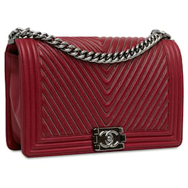 Chanel-Red Chanel Large Embellished calf leather Chevron Boy Flap Crossbody Bag-Red