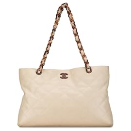 Chanel-Beige Chanel CC Quilted Caviar Wood Chain Tote-Beige