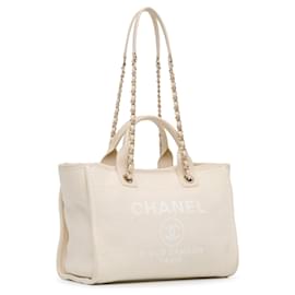 Chanel-White Chanel Small Mixed Fibers Deauville Tote Satchel-White