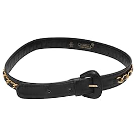Chanel-Vintage Black Chanel Leather & Chain-Link Belt Size US XXS-Black