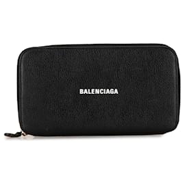 Balenciaga-Black Balenciaga calf leather Logo Everyday Continental Zip Around Wallet-Black