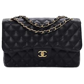 Chanel-Black Chanel Jumbo Classic Caviar lined Flap Shoulder Bag-Black