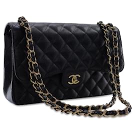 Chanel-Black Chanel Jumbo Classic Caviar lined Flap Shoulder Bag-Black