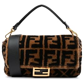 Fendi-Brown Fendi Small Zucca Shearling Baguette Satchel-Brown