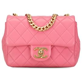 Chanel-Pink Chanel Mini Square Lambskin Pearl Samba Flap Crossbody Bag-Pink
