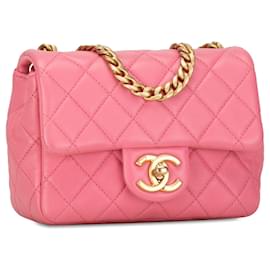 Chanel-Pink Chanel Mini Square Lambskin Pearl Samba Flap Crossbody Bag-Pink