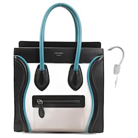 Céline-CELINE Sac à Main Bagage Micro Tricolore en Cuir de Veau Lisse Turquoise-Bleu