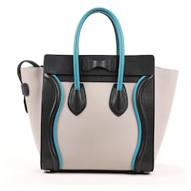 Céline-CELINE Sac à Main Bagage Micro Tricolore en Cuir de Veau Lisse Turquoise-Bleu