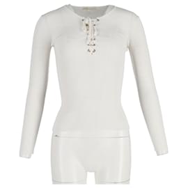 Maje-Maje Lace-Up Ribbed Stretch-Knit Sweater in White Viscose-White,Cream