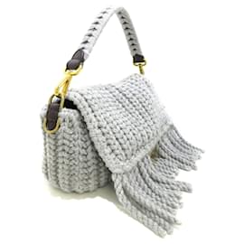 Fendi-Fendi Gray Knitted Wool Fringe Baguette Satchel-Grey