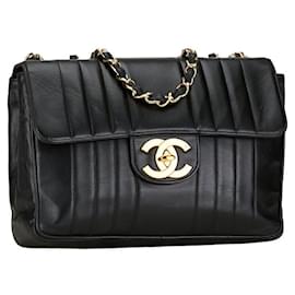 Chanel-Chanel Mademoiselle Coco Mark Double Flap Chain Shoulder Bag Black Lambskin in Very Good Condition-Black