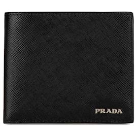 Prada-Prada Saffiano Leather Bifold Wallet Black Navy in Very Good Condition-Black