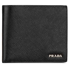 Prada-Prada Saffiano Leather Bifold Wallet Black Navy in Very Good Condition-Black