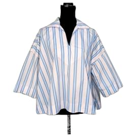 Balenciaga-Balenciaga white and blue striped shirt, y2k oversized shirt-White,Blue