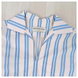 Balenciaga-Balenciaga white and blue striped shirt, y2k oversized shirt-White,Blue