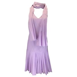 Autre Marque-Aalto Lilac Pleated Scarf Neck Sleeveless Cotton Midi Dress-Purple