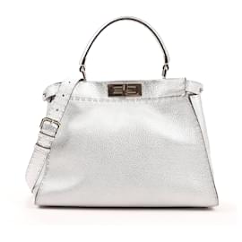 Fendi-Fendi Peekaboo Regular Selleria Leather 2Way Handbag in Silver 8BN290-Silvery