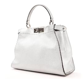 Fendi-Fendi Peekaboo Regular Selleria Leather 2Way Handbag in Silver 8BN290-Silvery