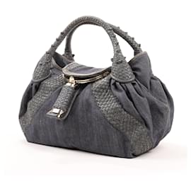 Fendi-Fendi Sac à main espion en denim bleu et cuir 8BR511-Bleu