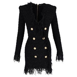Balmain – Blazerkleid mit Fransen aus schwarzem Tweed Schwarz
