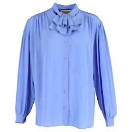 Gucci-Gucci Ruffled Long Sleeve Shirt in Blue Silk-Blue