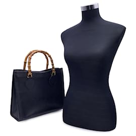 Gucci-Vintage Black Leather Bamboo Princess Diana Tote Bag-Black