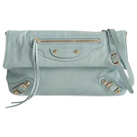 Balenciaga-Balenciaga Giant Clutch with shoulder strap in aqua green leather-Green,Light blue