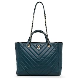 Chanel-Chanel Blue CC Chevron Calfskin Statement Shopping Tote-Blue,Other,Dark blue