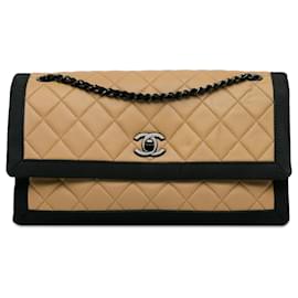 Chanel-Chanel Brown Medium Quilted Lambskin Grosgrain Two Tone Flap-Brown,Beige,Other